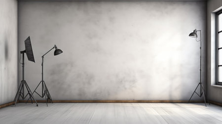 Generative AI soft gray studio room background, grey floor backdrop with spotlightの素材