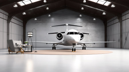 Generative AI Empty clean warehouse aircraft hanger car stage showroom 3D illustrationの素材