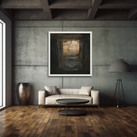 Generative AI Vintage Modern interior of living room, empty room, dark gray wall and wood flooring ,の素材