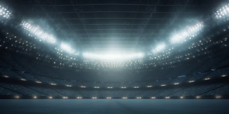 Generative AI Cricket Or Rugby Stadium With Bright Lights Vector. Blurred Empty Stadium With Green Gの素材