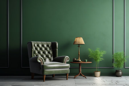 Generative AI Green living room wall background with grey decorative chair, lamp frame middle tableの素材