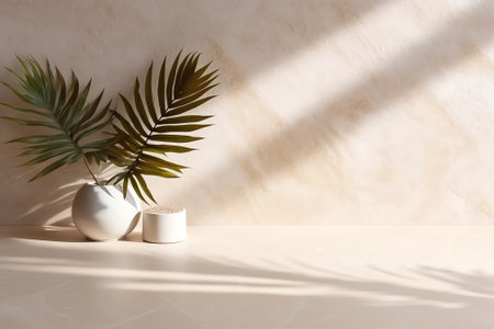 Generative AI Empty table on beige texture wall background. Composition with monstera leaves shadowの素材