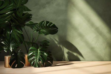 Generative AI Empty table on dark green texture wall background. Composition with monstera leaves shの素材