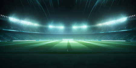 Generative AI Top view of empty football field with flashlights and dark night sky background. Stadiの素材