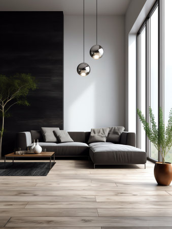 Generative AI Modern living room and loft interior design. empty room. gray wall with wood floor .Coの素材