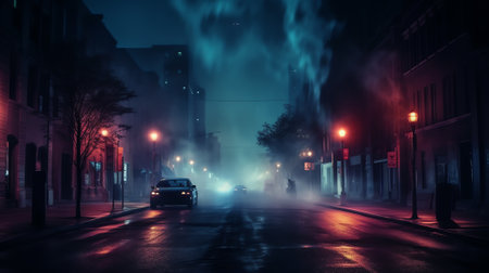 Generative AI Wet asphalt, reflection of neon lights, a searchlight, smoke. Abstract light in a darkの素材