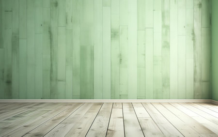Generative AI Green background with wooden wall decor with carpet and empty style.の素材