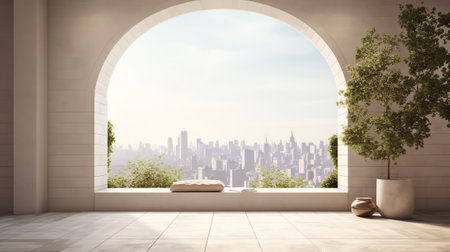 Generative AI Concrete white interior with columns, brick wall and megapolis city view. 3D Renderingの素材