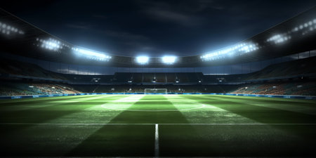 Generative AI 3D Illustration. Grand football stadium green pitch view illuminated by spotlights andの素材