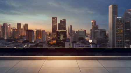 Generative AI Panoramic Kuala Lumpur skyline view, concrete observatory deck on rooftop, night. Asiaの素材