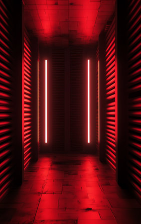 Generative AI Empty red rack with illumination of shelvesの素材