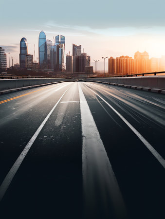 Generative AI Empty asphalt road and city skyline with buildings at sunset in Shanghai.の素材