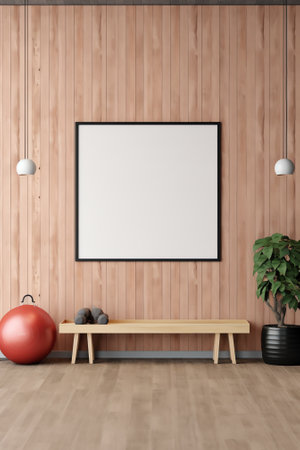 Generative AI Fitness ball and exercise mat on hardwood floor in empty room at home, copy spaceの素材