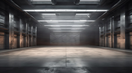 Generative AI Modern empty dark storehouse with smoke at the end. 3D illustrationの素材