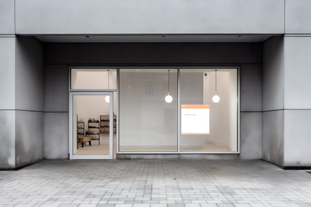 Generative AI Front view of shop exterior with large banner in empty showcase at night. Mock up, 3Dの素材