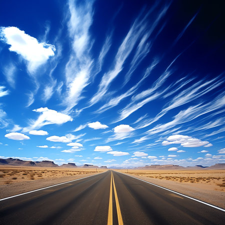 Generative AI empty asphalt road and snow mountains in blue cloud skyの素材
