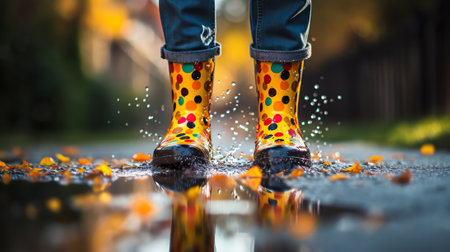 Generative AI LOW ANGLE, CLOSE UP, DOF: Unrecognizable woman wearing yellow rain boots jumps in theの素材