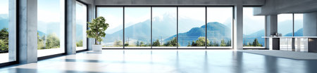 Generative AI Modern contemporary empty hall with open sliding door overlooking nature view 3d rendeの素材