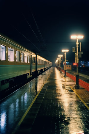 Generative AI Empty Train Station at Night. Pedestrian walkwayの素材