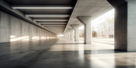 Generative AI Empty concrete floor for car park. 3d rendering of abstract gray building with clear sの素材