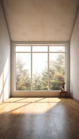 Generative AI interior with large window. 3d illustrationの素材