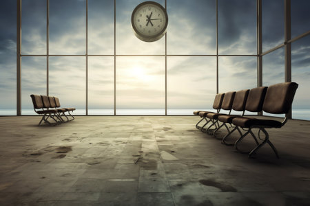 Generative AI Empty waiting room in the departure lounge terminal at the airport next to the gates oの素材