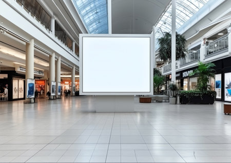 Generative AI Blank billboard poster advertisement in a modern shopping mall with blurred out peopleの素材