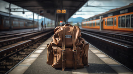 Generative AI Forgotten traveler's suitcase on a passenger platform. Empty train station.の素材