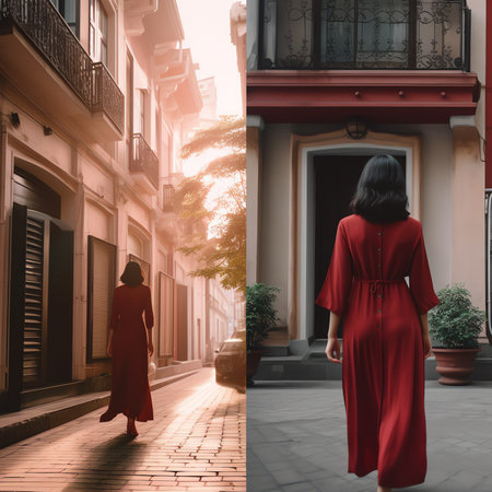 Generative AI Woman standing in the shadow of a doorway along a city streetの素材