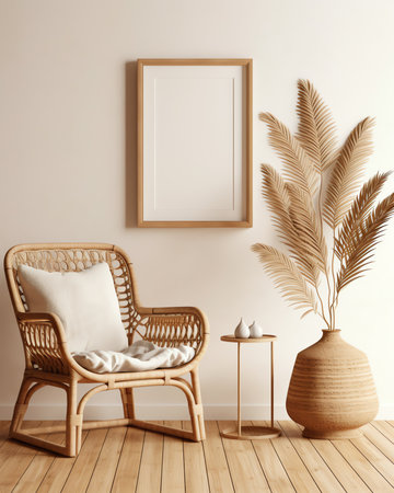 Generative AI Stylish interior design of living room with wooden retro commode, chair, tropical planの素材