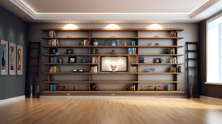 Generative AI Empty room with book shelfs 3D renderingの素材