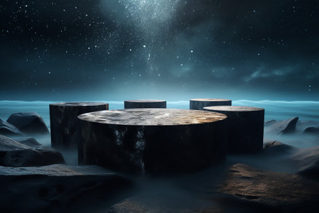 Generative AI Abstract 3d render platform background, Ice podium on the ocean with light from the moの素材