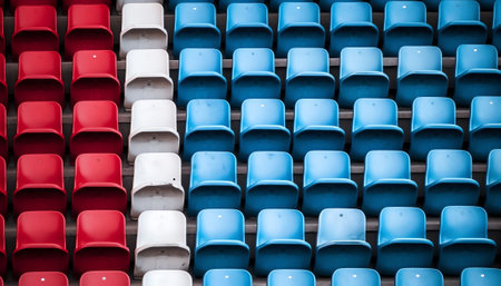 Generative AI Red stadium chairs of empty line number fourの素材