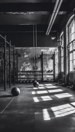 Generative AI Cross fit equipment in empty gymの素材