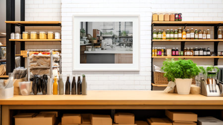 Generative AI Zero waste shop interior. Wooden shelves with different food goods and personal hygienの素材