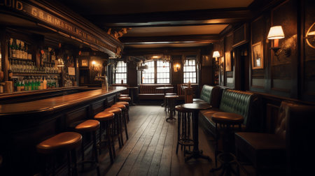 Generative AI Chairs and tables stacked in a closed pubの素材