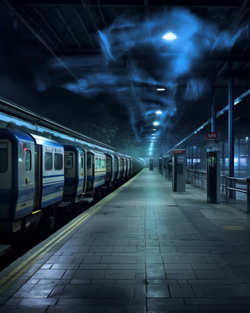 Generative AI Empty terminal railway station at night time.の素材