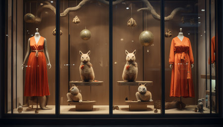 Generative AI Luxury boutique with blank glass storefront and backlight lamps. Advertisement and retの素材