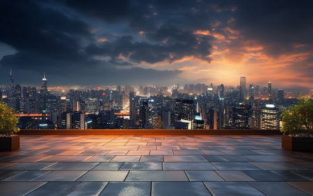 Generative AI Panoramic Bangkok skyline view, concrete observatory deck on rooftop, night time. Asiaの素材