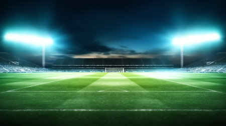 Generative AI Stadium lights against dark night sky background. Soccer match lights.の素材
