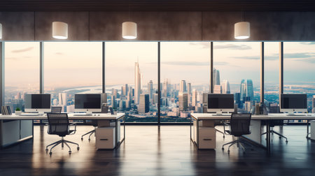 Generative AI Modern open space office with city view 3D Renderの素材