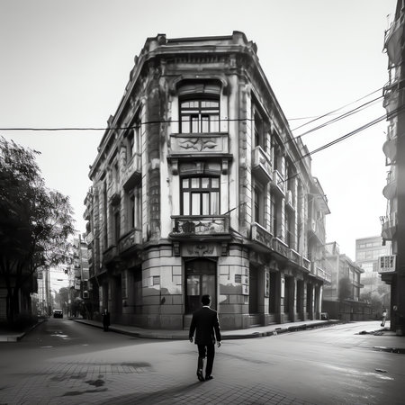 Generative AI empty street and detail of a building in a cityの素材