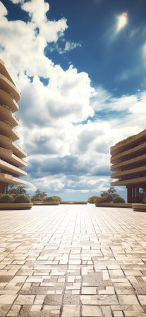 Generative AI Empty concrete floor for car park. 3d rendering of abstract building with mountain andの素材