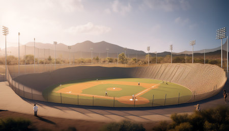 Generative AI grand baseball stadium field diamond daylight view, modern public sport building 3D reの素材