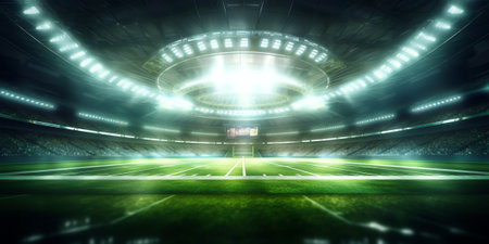 Generative AI Stadium lights and empty green grass field with fans around, perspective tribune view,の素材