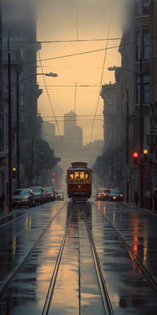 Generative AI Low angle twilight view of an empty road with cable car tracks leading up a steep hillの素材