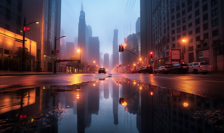 Generative AI An empty street in downtown Chicago is filled with a large puddle. Inside the puddle,の素材