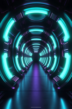 Generative AI Sci Fi Neon Glowing Blue Cinematic Showroom Spaceship Futuristic Metal Gate Mechanismの素材