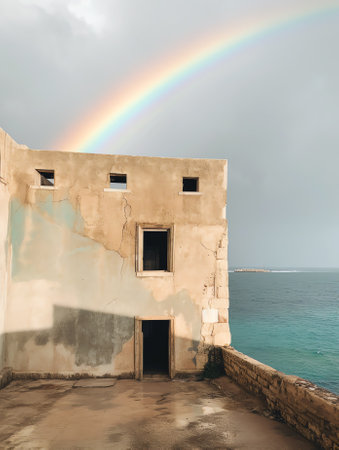 Generative AI Empty paved wet walkway between river and buildings under overcast sky with bright raiの素材