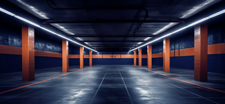 Generative AI Sci Fi Futuristic Alien Industrial Basement Hangar Warehouse Blue Orange Laser Lightsの素材
